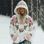 Women's Boho Pink Rose Floral Art Flannel Hooded Sweatshirt - Image 2