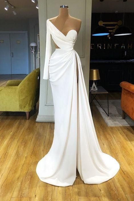 White Long Sleeve One Shoulder Sweetheart Mermaid Prom Dress With Split | Ballbellas Ballbellas