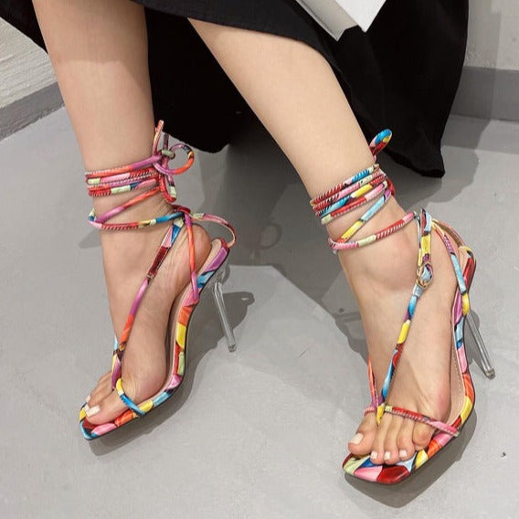 Women's multi color colorful clip toe ankle lace-up stiletto heels summer party strappy tie-up heels