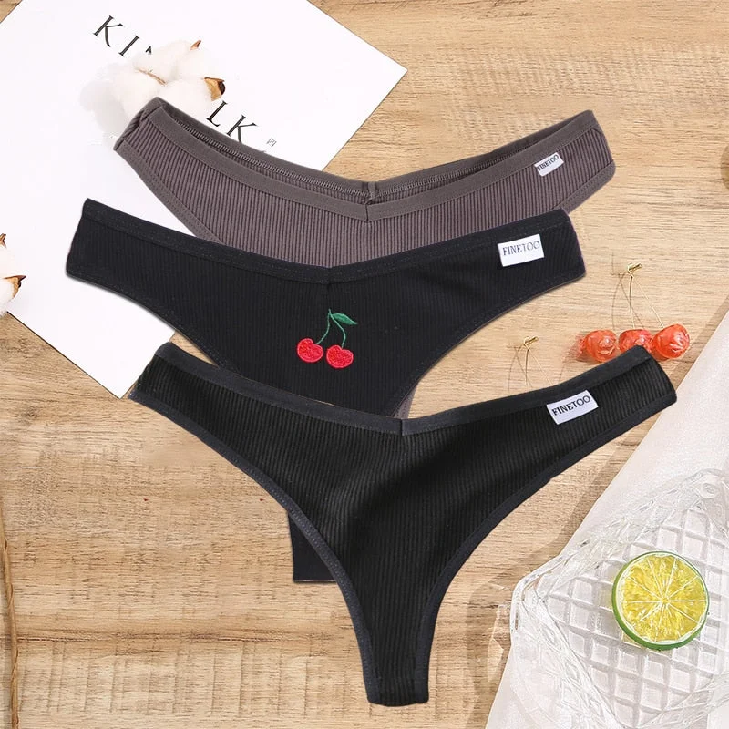 FINETOO 2/3PCS Women Lingerie Fruit Embroidery Panties G-string Sexy Low Rise Cotton Thongs Girl Underwear V-Waist Female Pantys