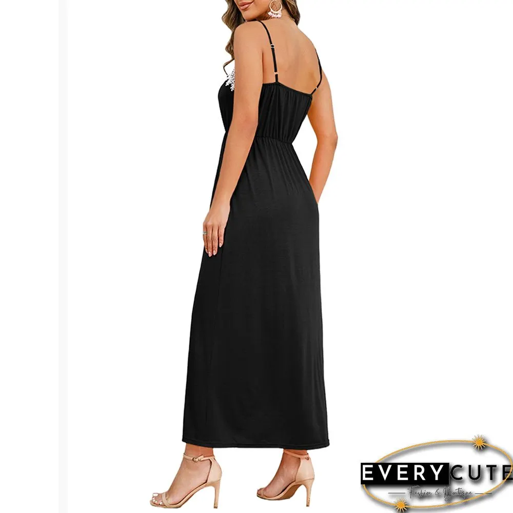 Black Spliced Lace Trim Spaghetti Straps Dress