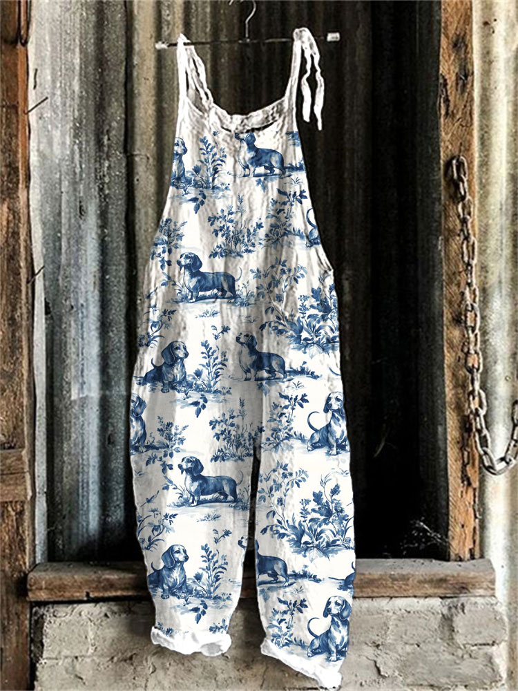 Women's Retro Funny Denim Patch Animal Dog Print Casual Overalls wearshes