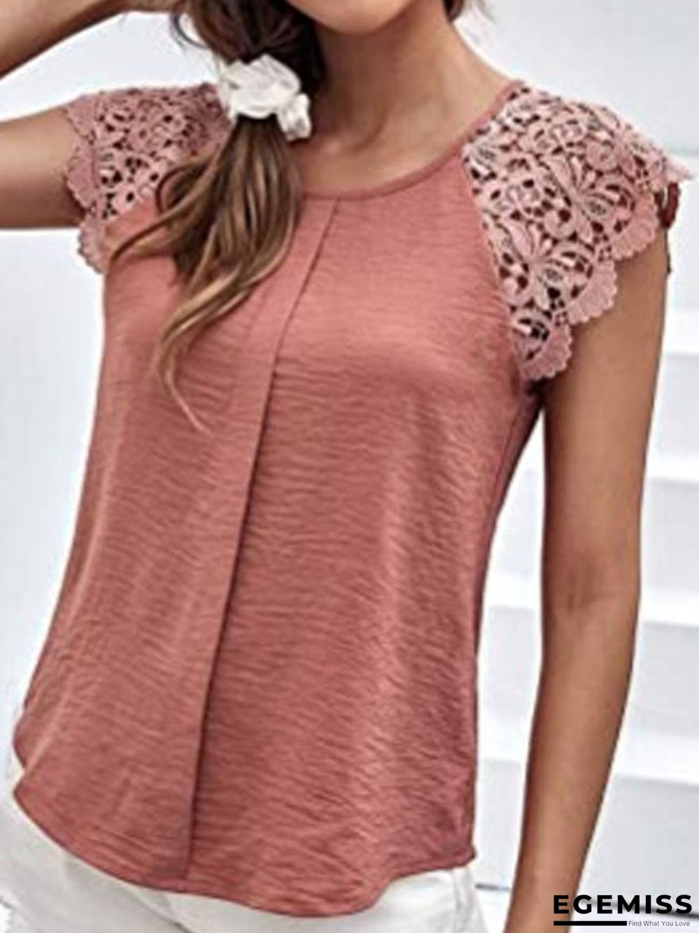 Casual Round Neck Solid Color Stitching Lace Short Sleeves Blouse | EGEMISS