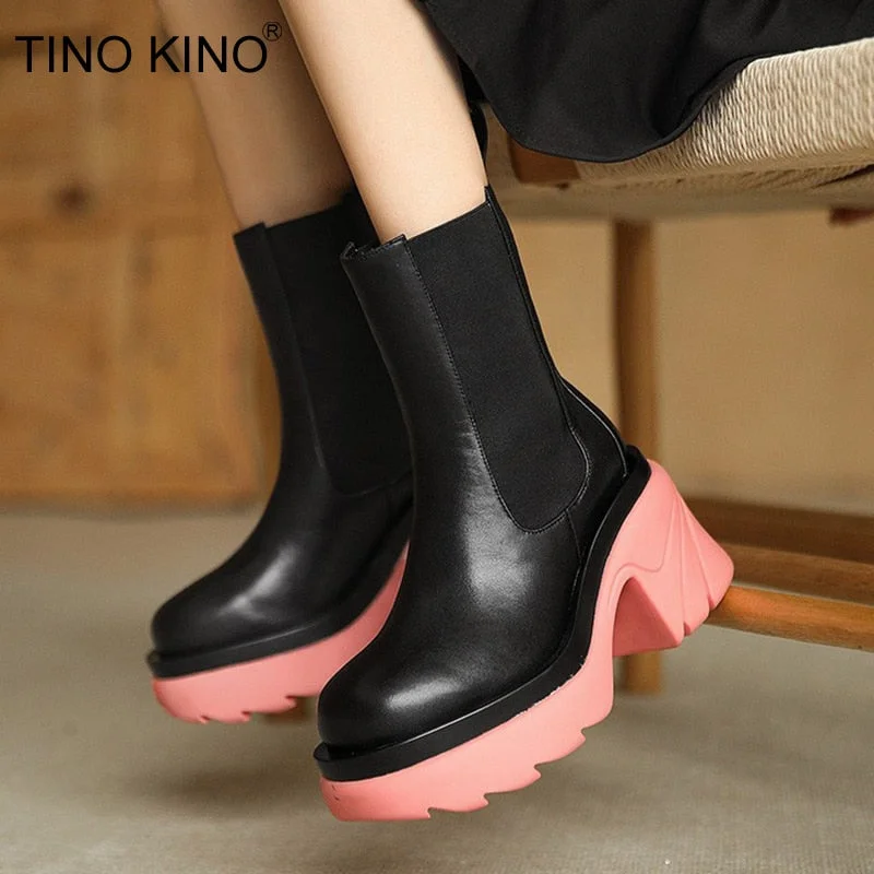 Women Ankle Boots Metal Chain Slip On Thich Platform Short Boots Ladies Mixed Color Autumn Winter Shoes Female Chelsea Fashion