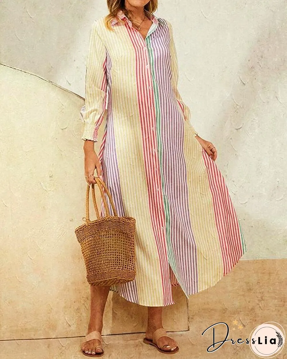 Leaves Print Lapel Button Long Sleeve Maxi Shirt Dress