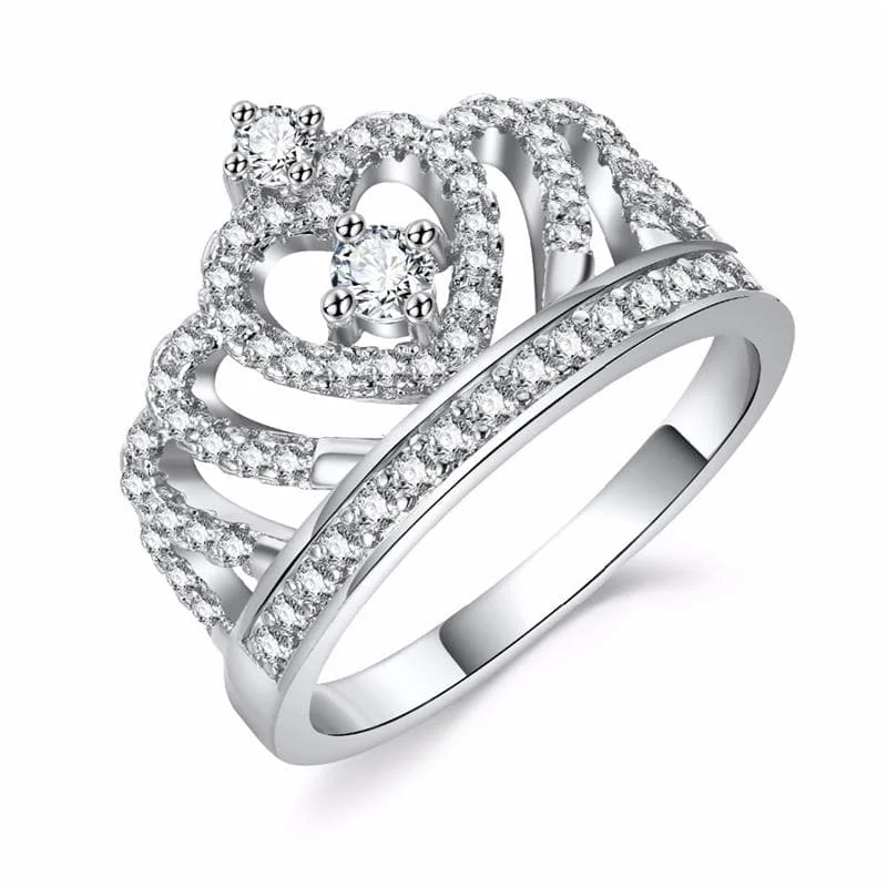 Silver Rings Crystal Heart Rings Women's Crown  Zircon Ring SP13746