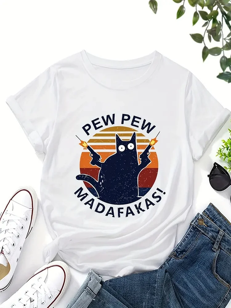 PEW Letter Print Crew Neck T-shirt, Casual Loose Short Sleeve Fashion Summer T-Shirts Tops, Women's Clothing