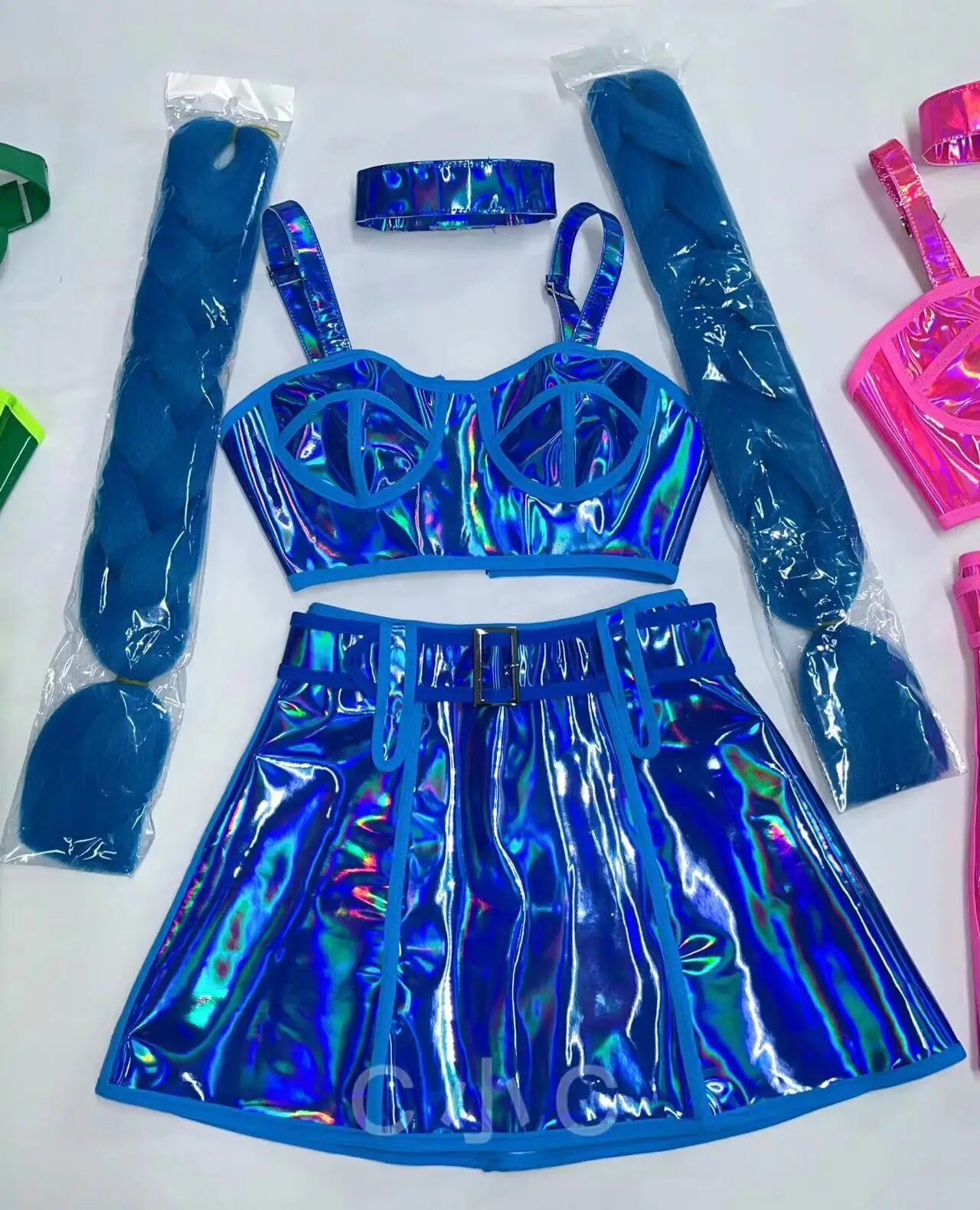 VCSHOES Leather Bar Gogo Dance Costume Fluorescent Laser Tops Skirt Braid Wig Stage Rave Outfit Festival Party Show Performance