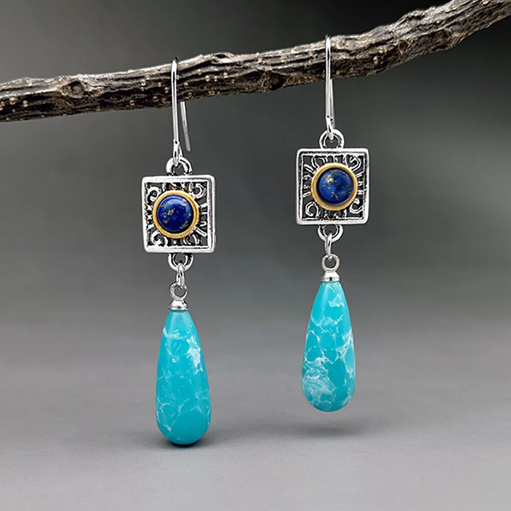 Bohemian Style Blue Pine Jade Drop Earrings Retro Creative Two-color Lapis Lazuli Water Drop Pendant Earrings