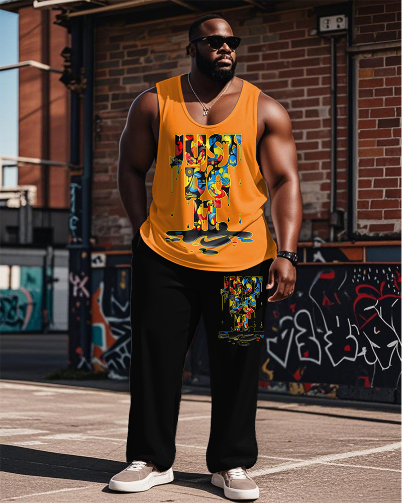 Men's Plus Size Street Fashion Graffiti Just Do It Alphabet Print Vest Trousers Suit
