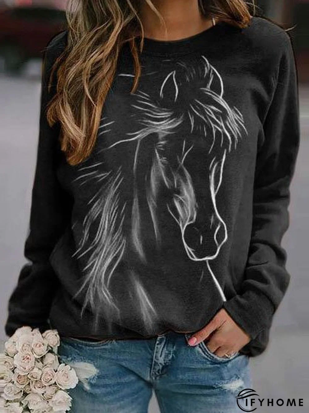 Horse Printed Raglan Sleeve Crew Neck Casual Sweatshirt | IFYHOME