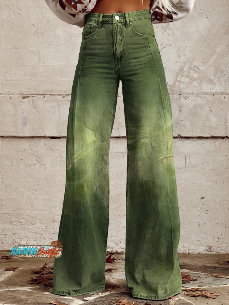 Women’s Retro Green Gradient Old Texture Print Casual Wide Leg Pants Multicolor / S
