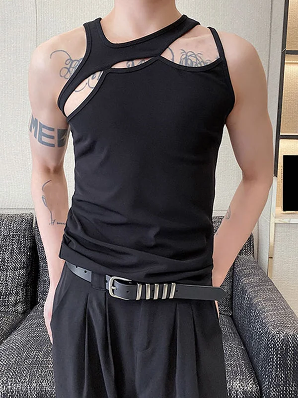 Aonga - Mens Solid Irregular Cutout Sleeveless Tank Top K