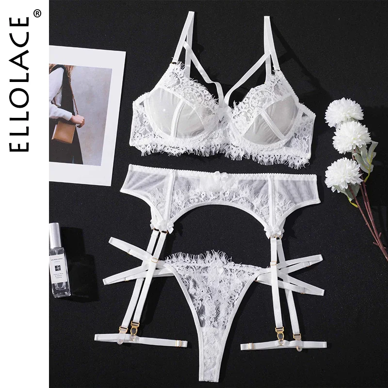 Billionm Ellolace Lingerie Lace Erotic Underwear 4-Pieces White Sexy Lingery Women Transparent Bra Panty Set Fancy Luxury Exotic Sets