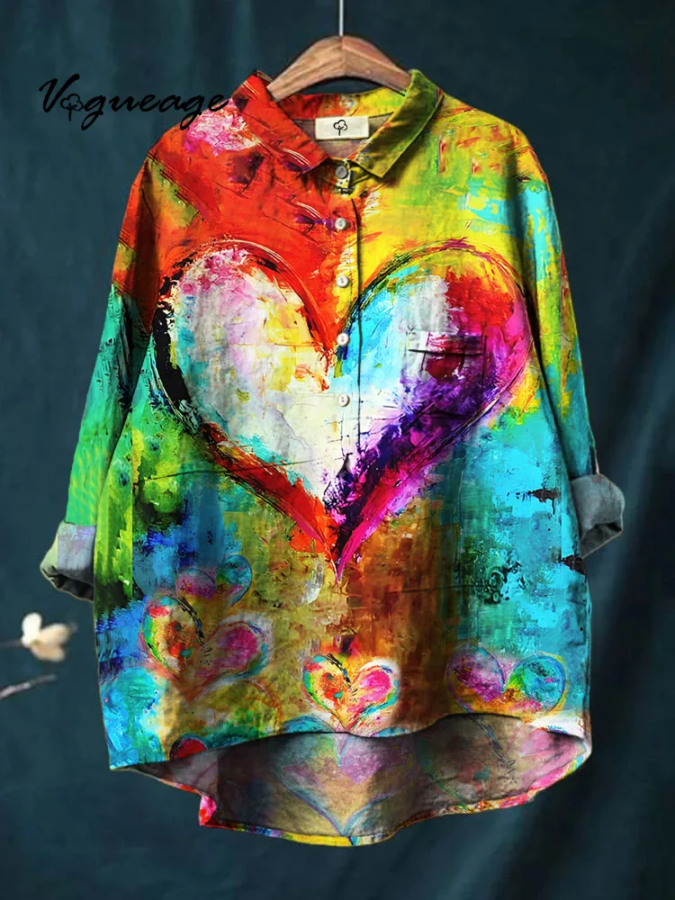 Bright Colorful Love Hearts Printed Cotton And Linen Shirt