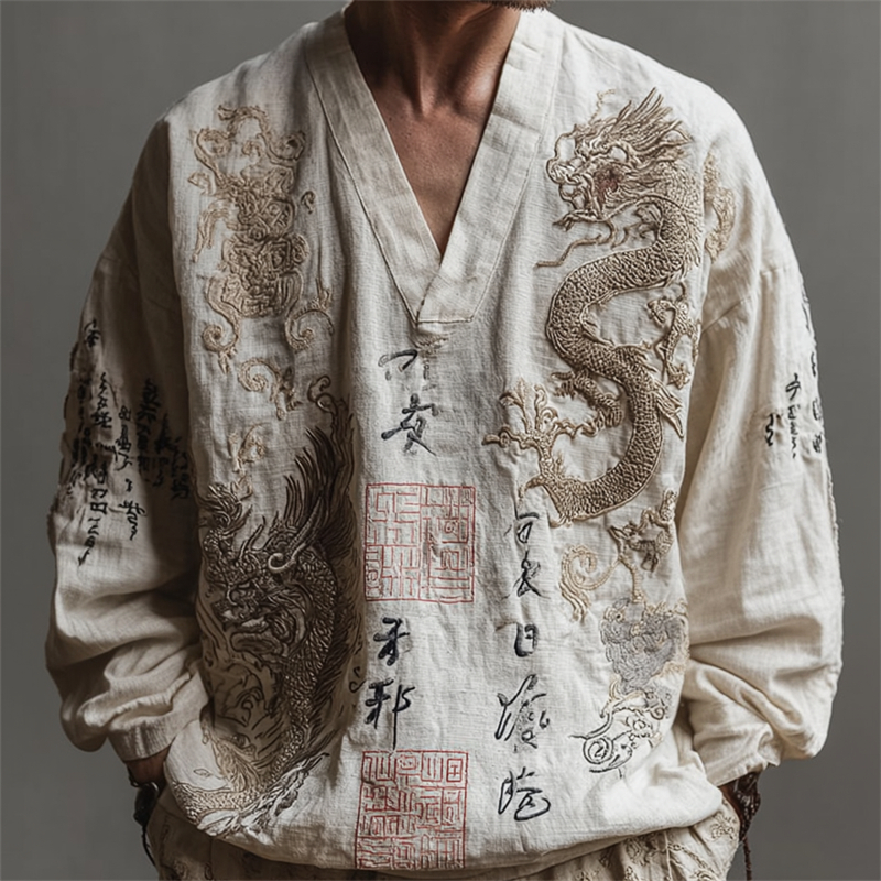 Men's Japanese Dragon Calligraphy Art Linen Shirt elevenforest