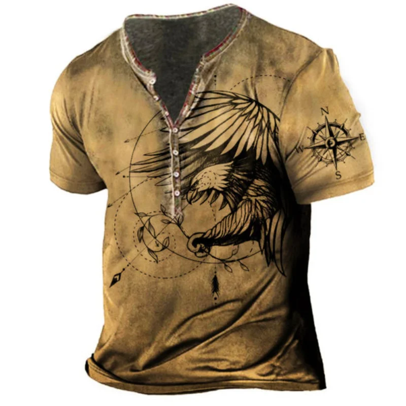 Men's Retro Eagle Compass Print Henley Collar T-Shirt