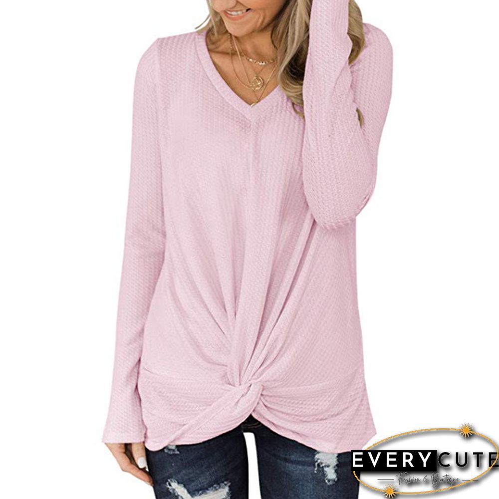 Pink V Neck Front Twist Long Sleeve Tops