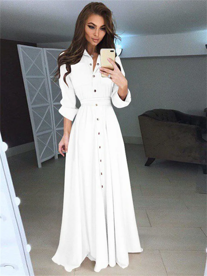 Long Sleeve Button Lace Solid Color Dress