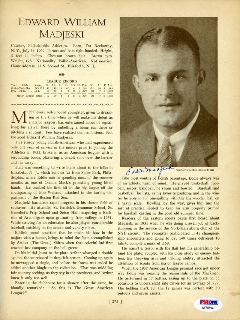 Eddie Madjeski Psa Dna Coa Autograph 1933 Who`s Who 8x10 Photo Poster painting Page Signed