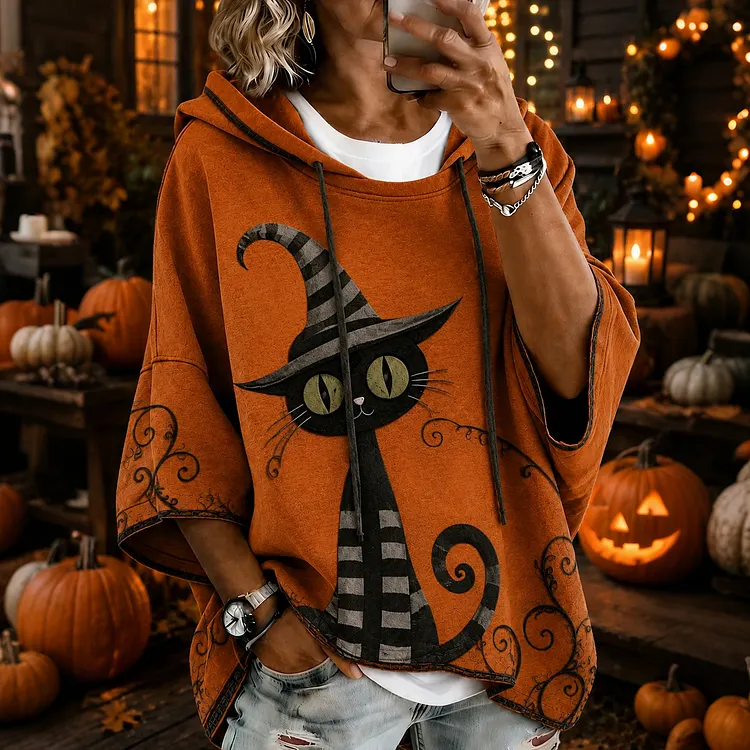 Women's Halloween Black Cat Art Print Casual Hooded Sweatshirt