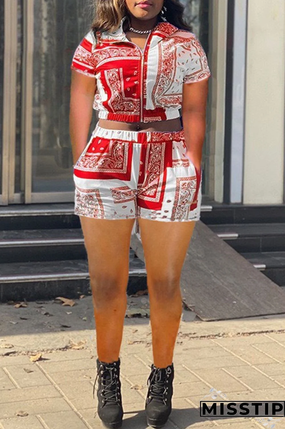 Blue Casual Print Patchwork Zipper Collar Short Sleeve Two Pieces