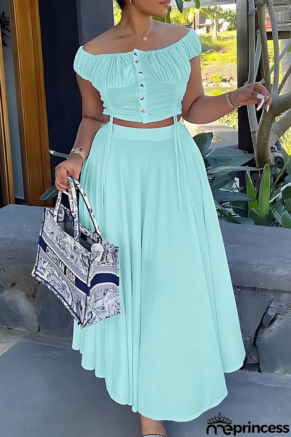 Blue Elegant Solid Patchwork Draw String Buckle Off the Shoulder Short Sleeve Two Pieces