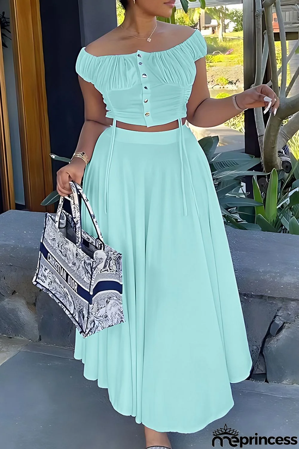 Blue Elegant Solid Patchwork Draw String Buckle Off the Shoulder Short Sleeve Two Pieces