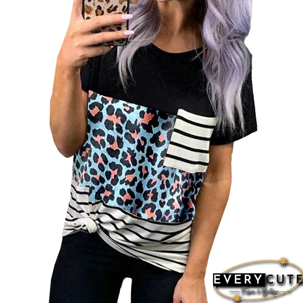 Blue Leopard Print Splice Striped Pocket T-Shirt