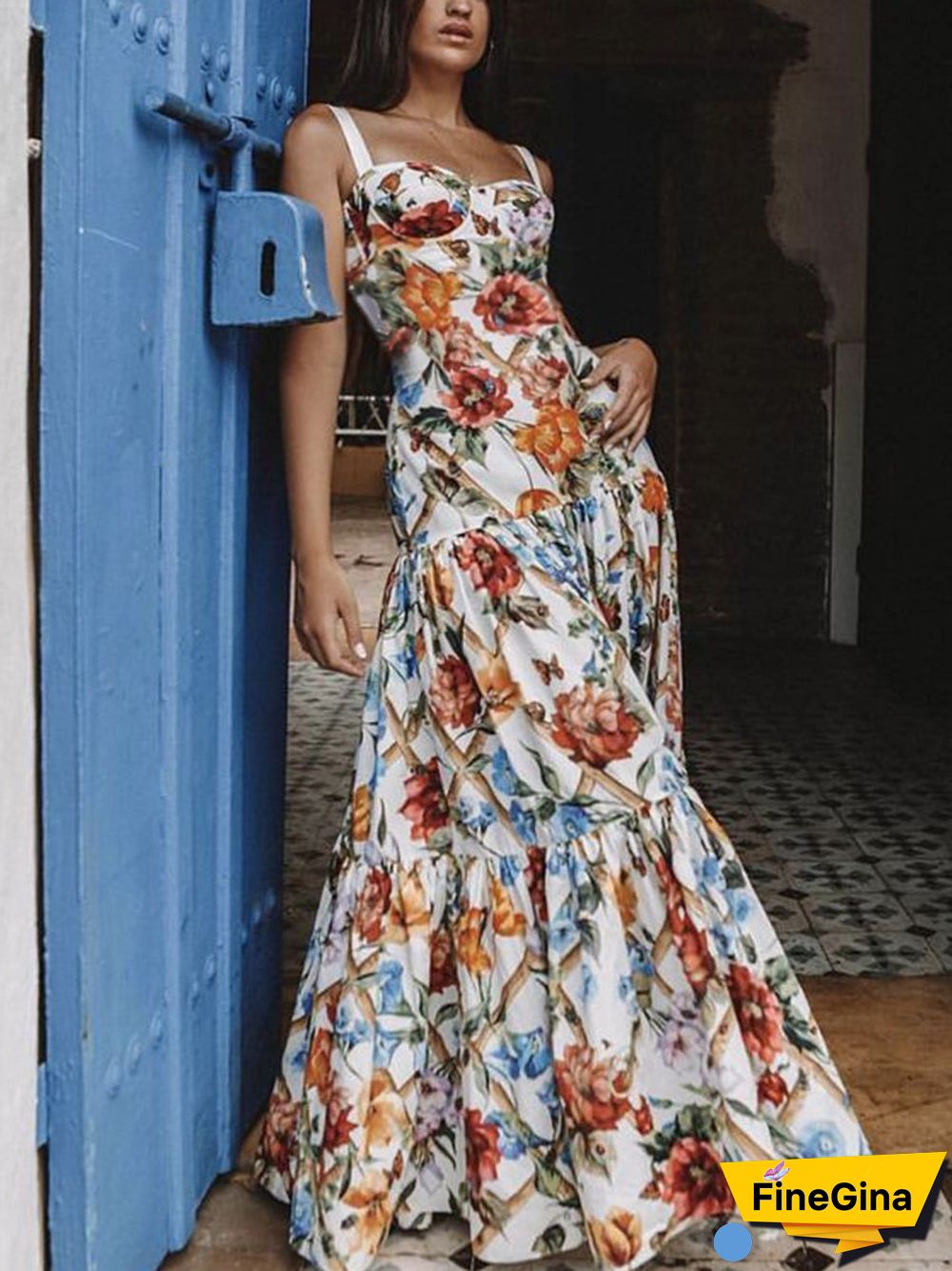 Sleeveless Sling Flower Print Maxi Dress P14846