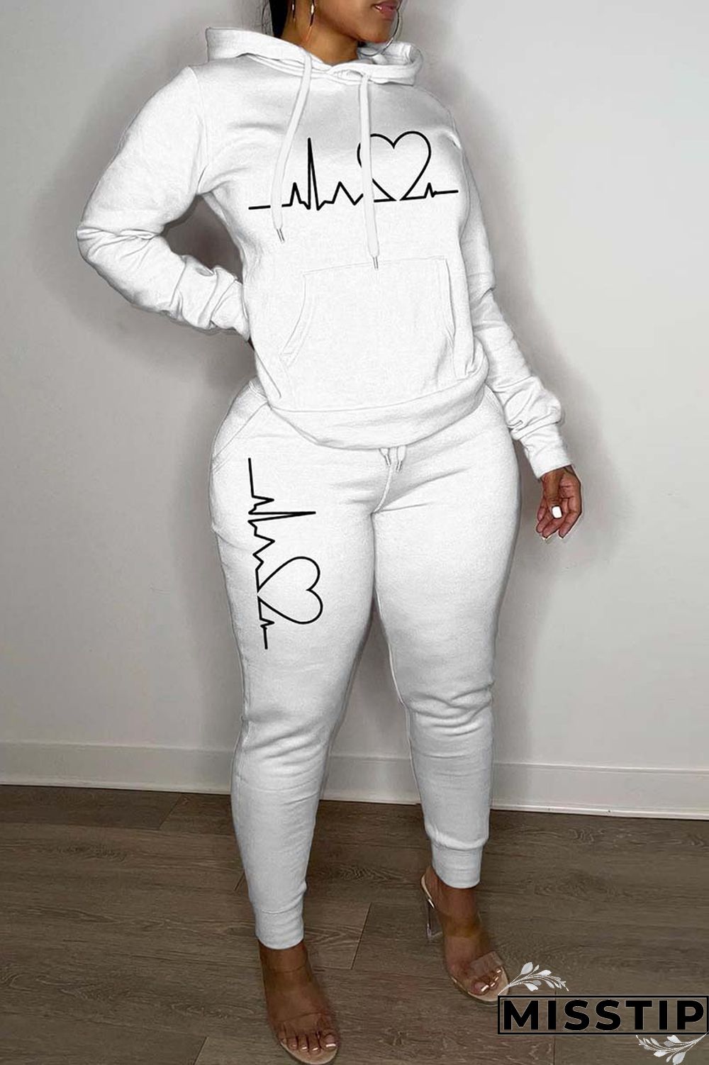 Black Casual Print Basic Hooded Collar Long Sleeve Two Pieces