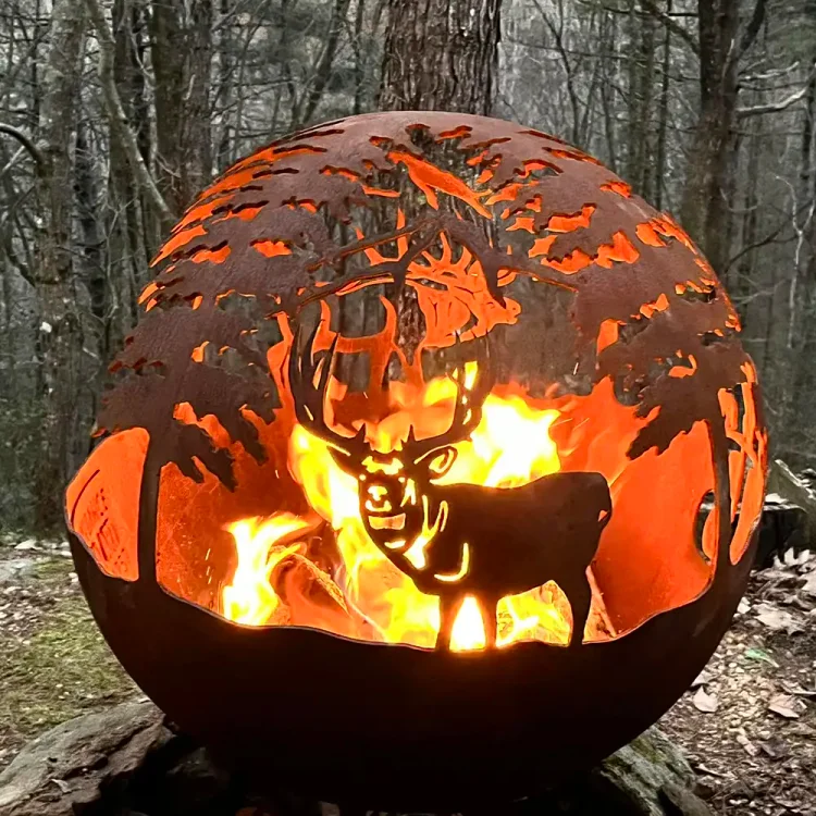 Forest Stag Corten Steel Fire Sphere - Decorative Outdoor Metal Fire Pit Ball for Garden & Patio Ambianc