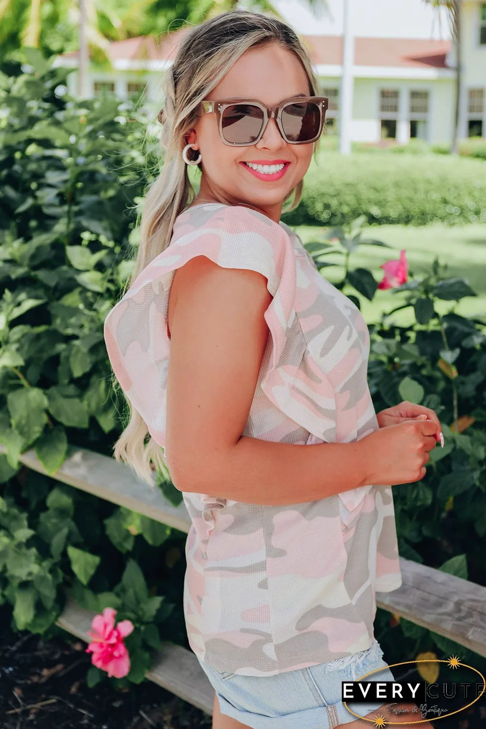 White Camo Print Ruffle Trim Tank Top