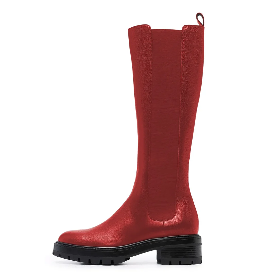 Red Faux Leather Closed Round Toe Elastic Knee High Heeled Boots