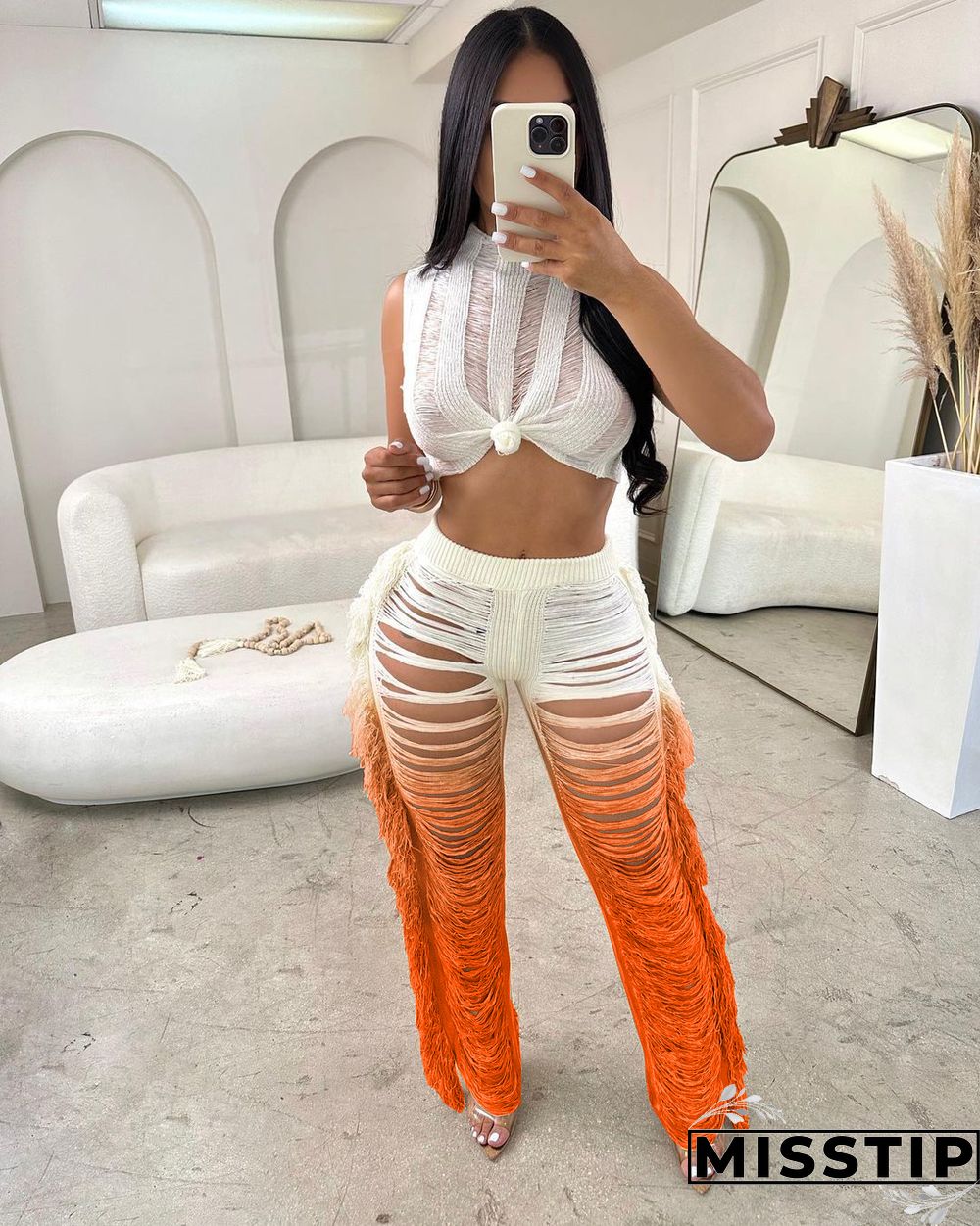 Gradient Knitted Tassel Two Piece Pants Set