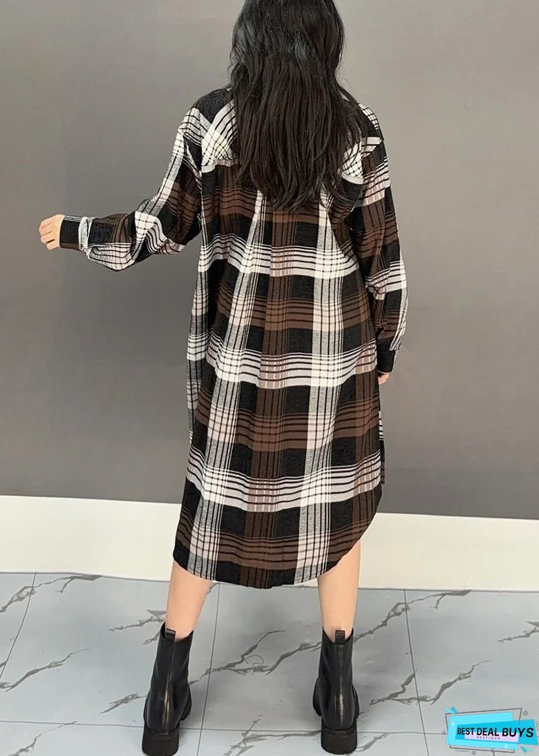 Stylish Coffee Plaid Button Cotton Shirts Dresses Fall