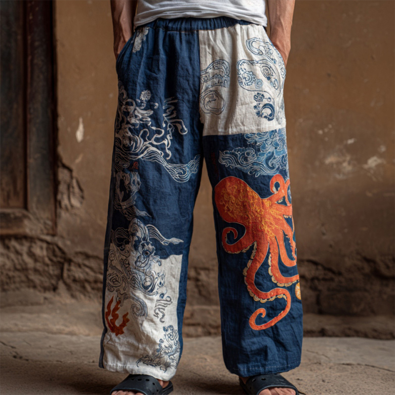 Men's Retro Japanese Art Ocean Octopus Print Casual Pants  artssus