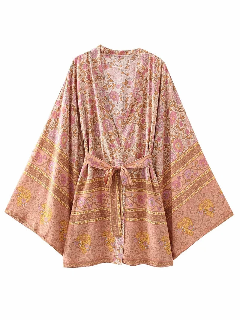 Fitshinling Cotton Vintage Kimono Women Vintage Beach Cover Up Print Floral Slim Cardigan With Sashes Flare Sleeve Boho Blouse