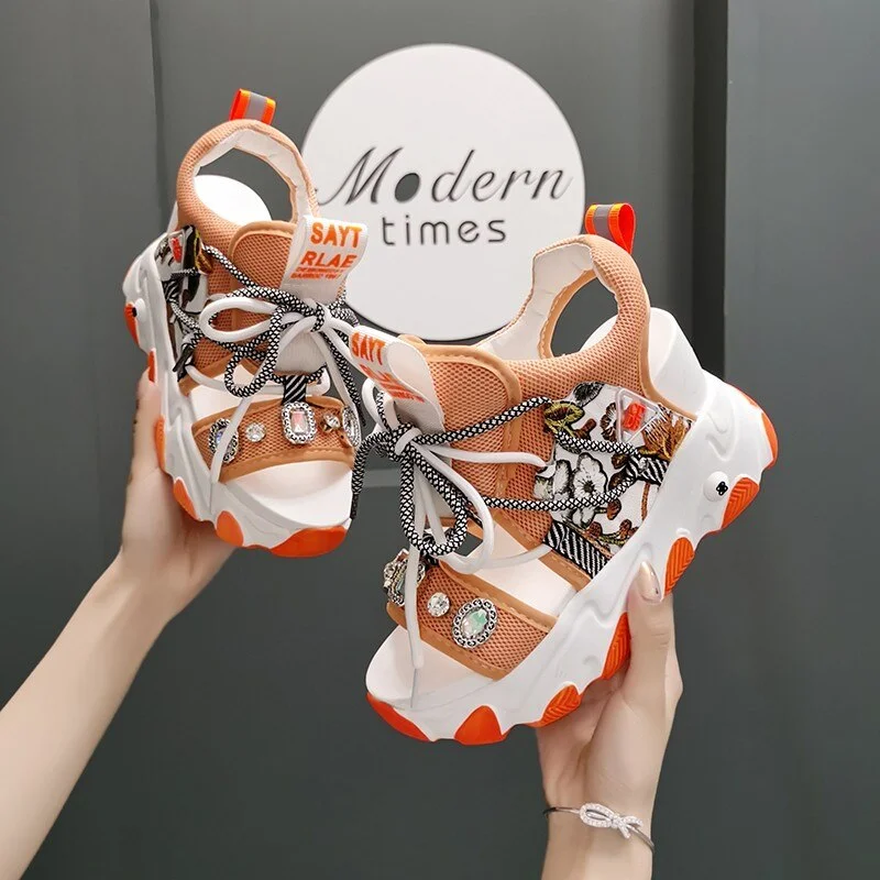 Wedges Platform Sandals Women 2020 Summer Breathable Rhinestones High Heels Ladies Shoes Height Increasing 8.5cm Women Sandals