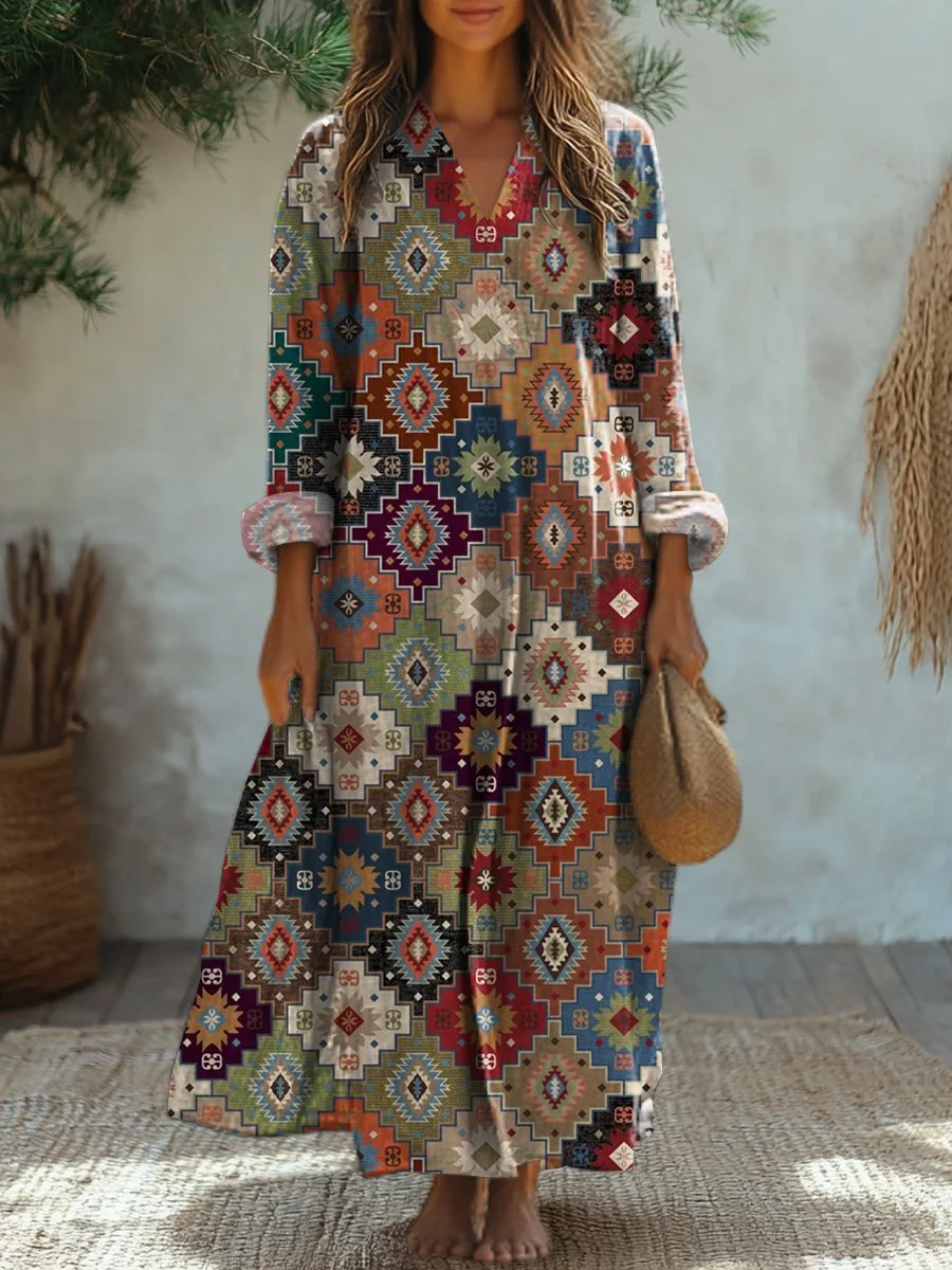 Ethnic Geometric Pattern Printed Women's Dress