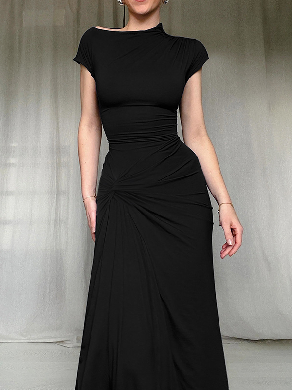 Classy Asymmetric Neckline Plain Knot Pleated Slit Sheath Maxi Dress