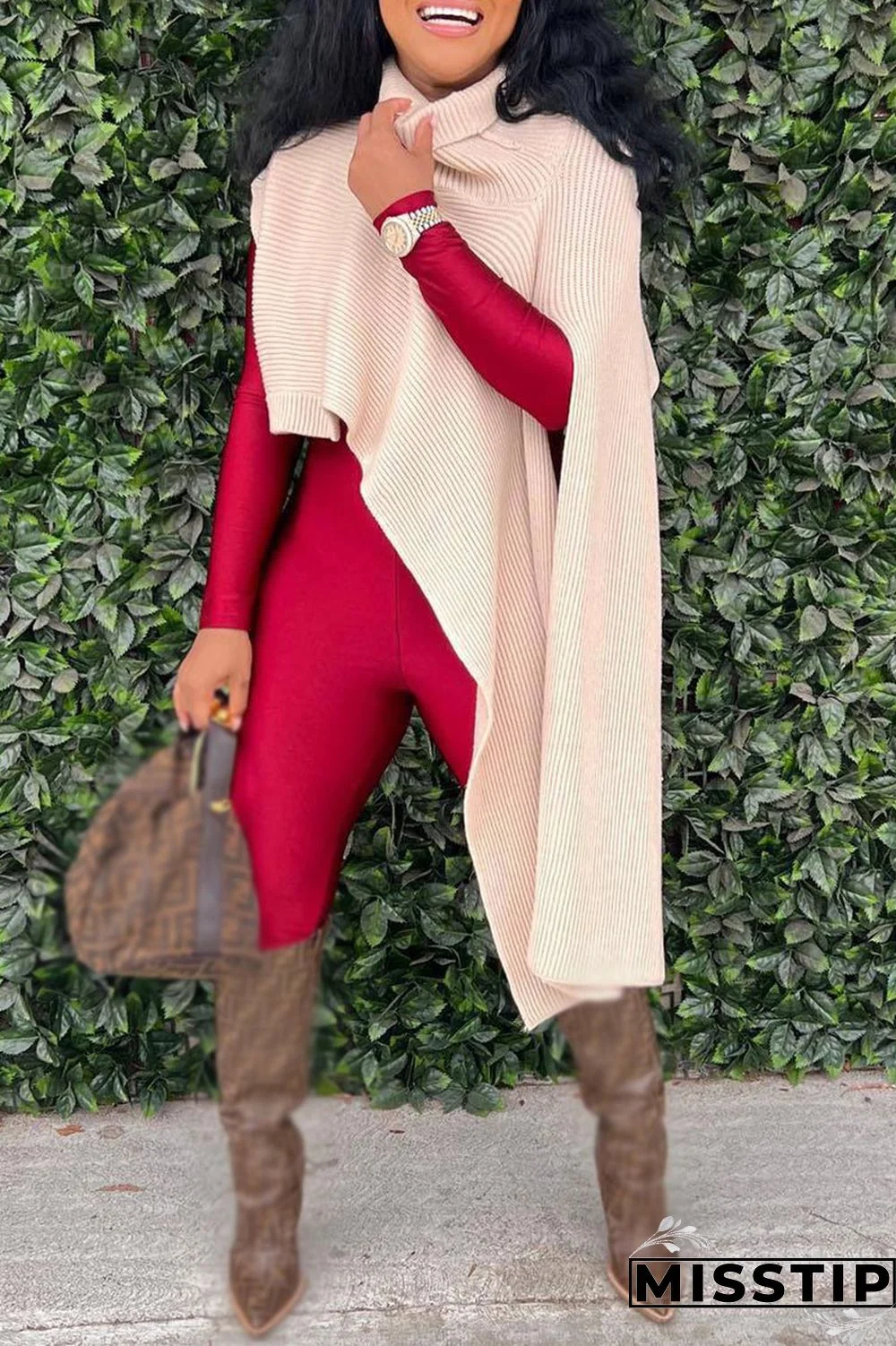 Red Street Solid Patchwork Slit Asymmetrical Turtleneck Tops