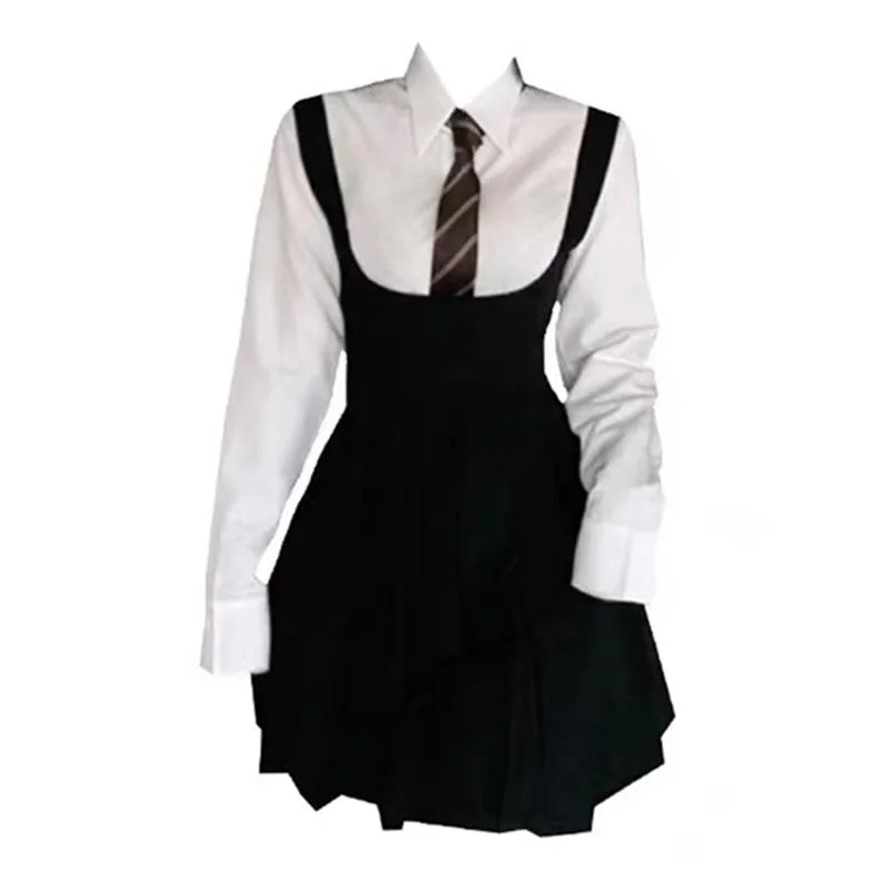 Pleated School Girl Overalls Skirts White Shirt Three-Piece Set Dark Academia SP16428