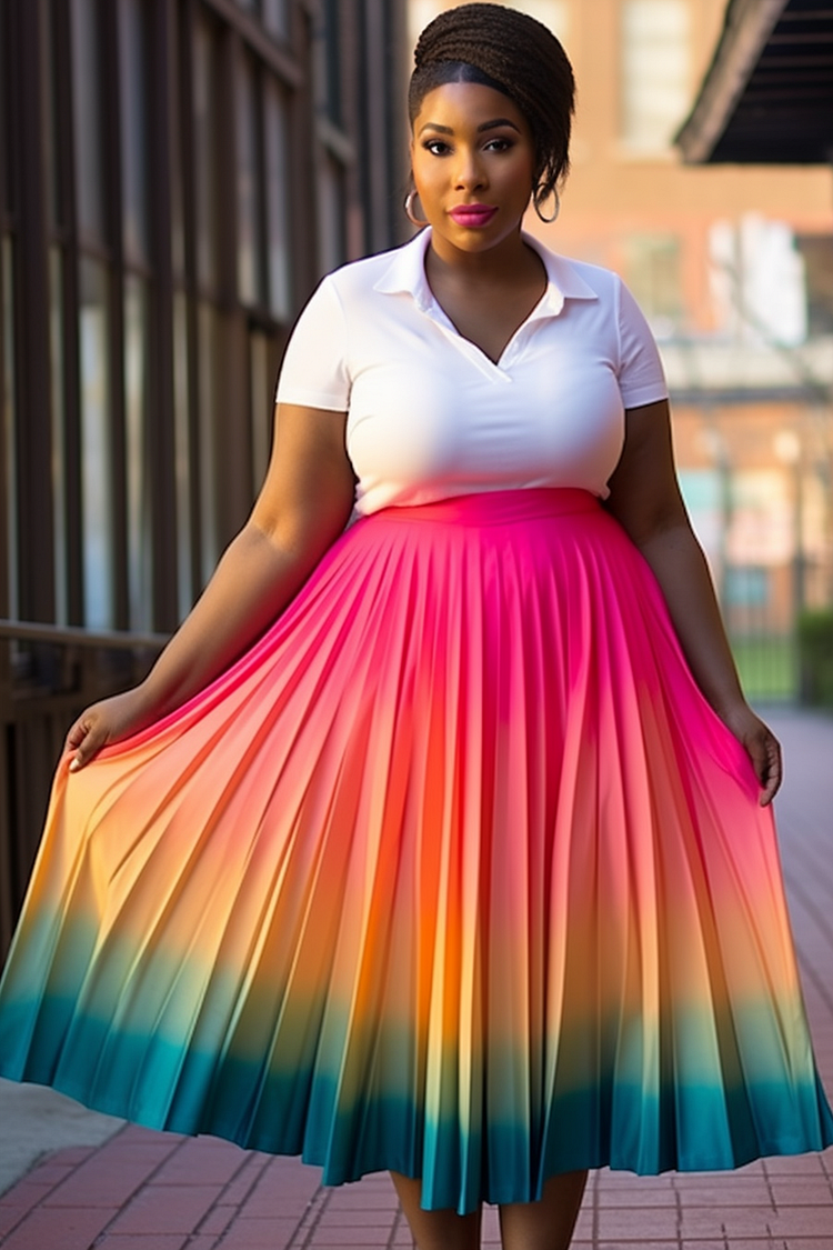 Xpluswear Design Plus Size Business Casual Rainbow Gradient Pleated Satin Skirts [Pre-Order]