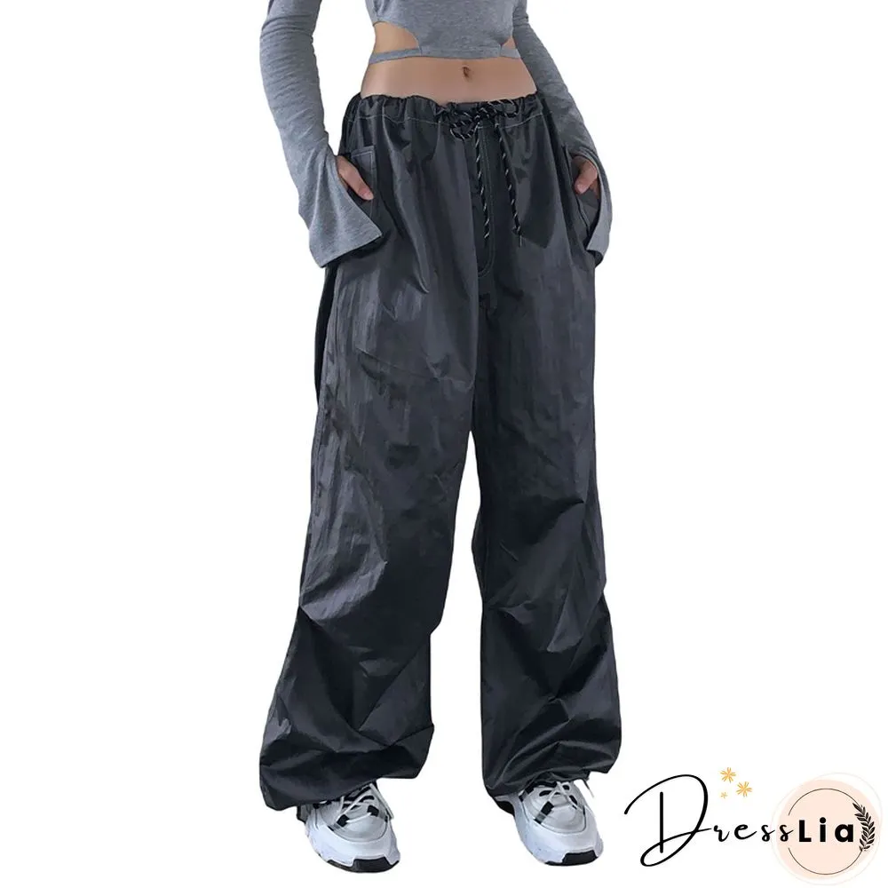 Drawstring Cargo Pants Women Solid Color Low Waist Relaxed Fit Work Trousers Y2k Grunge