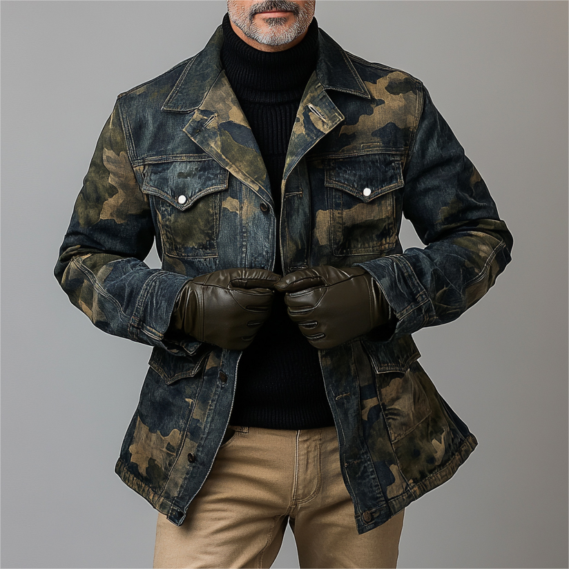 Men's Casual Camouflage Pattern Pockets Denim Safari Jacket