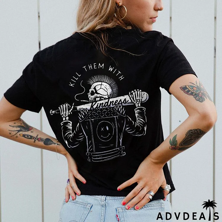 Halloween Women Fashion Simple Smiley Skull Print Round Neck Short Sleeve T-Shirt