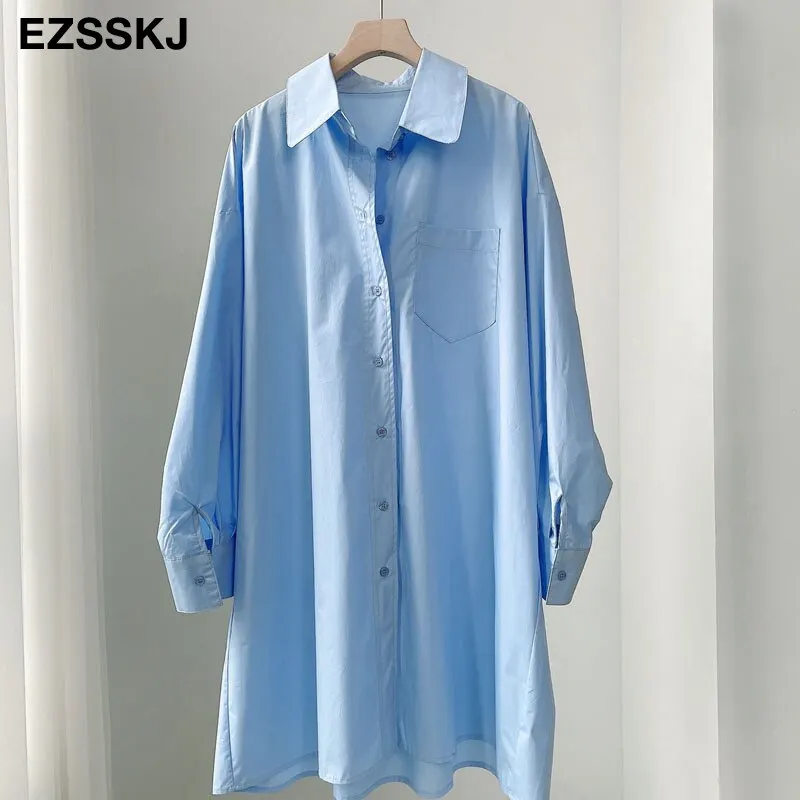 Spring Summer Blouses Shirts dress women A-LINE midi blouse dress Female green white Oversized Shirts dress long sleeve