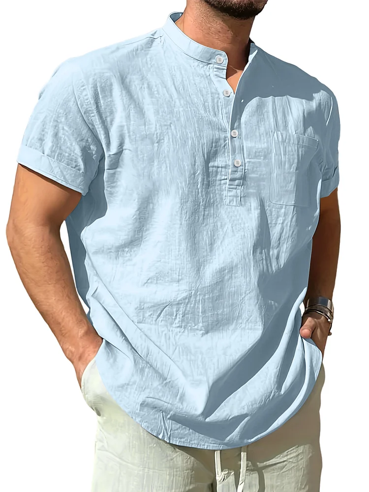 Men's summer cotton and linen solid color stand collar pocket short-sleeved shirt