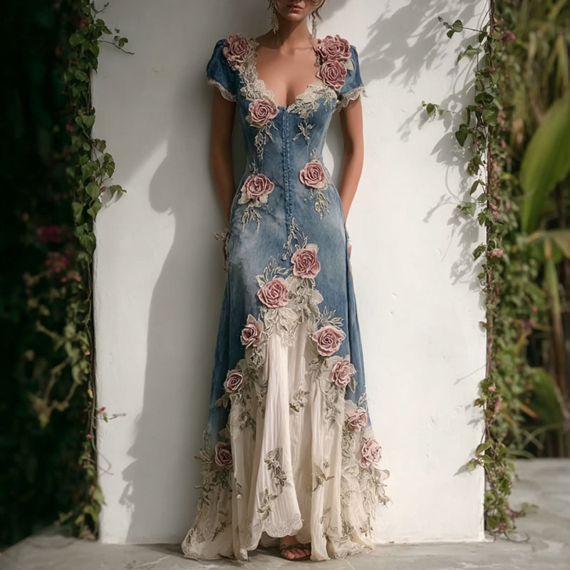 Women's Vintage Elegant Roses Embroidered Art Patchwork V Neck Short Sleeve Maxi Dress wearshes